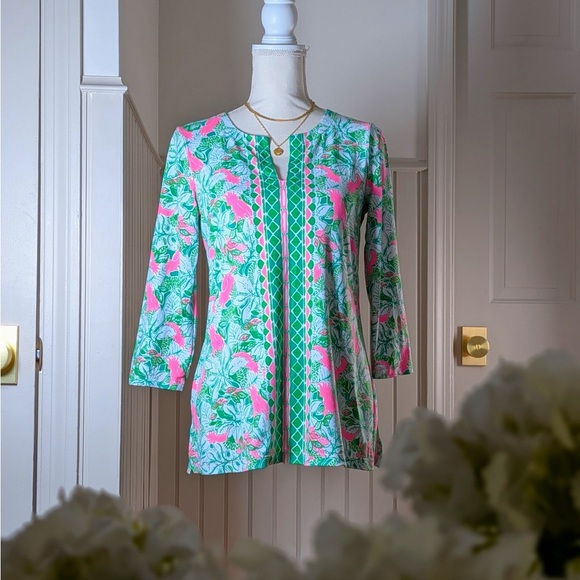 Sugar Tops - Lilly Pulitzer Karina Chillylilly Tunic Top UPF 50+ Pink Green Size S